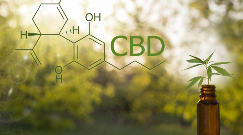pot en verre avec feuille de cbd et la formule chimique