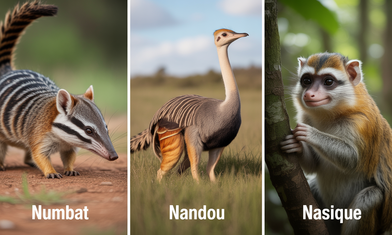 découvrez le fascinant monde des animaux qui commencent par la lettre n : le numbat, un marsupial unique, le nandou, un grand oiseau semblable à l'autruche, et le nasique, un singe aux caractéristiques étonnantes. plongez dans leurs habitats, comportements et particularités.