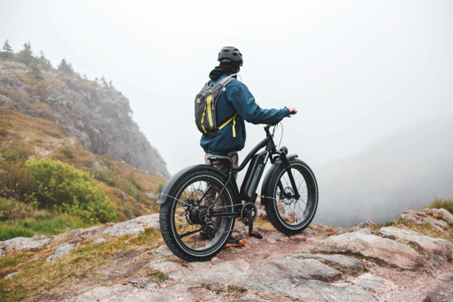Homme tenant un vélo électrique au bord d'une falaise montagneuse
